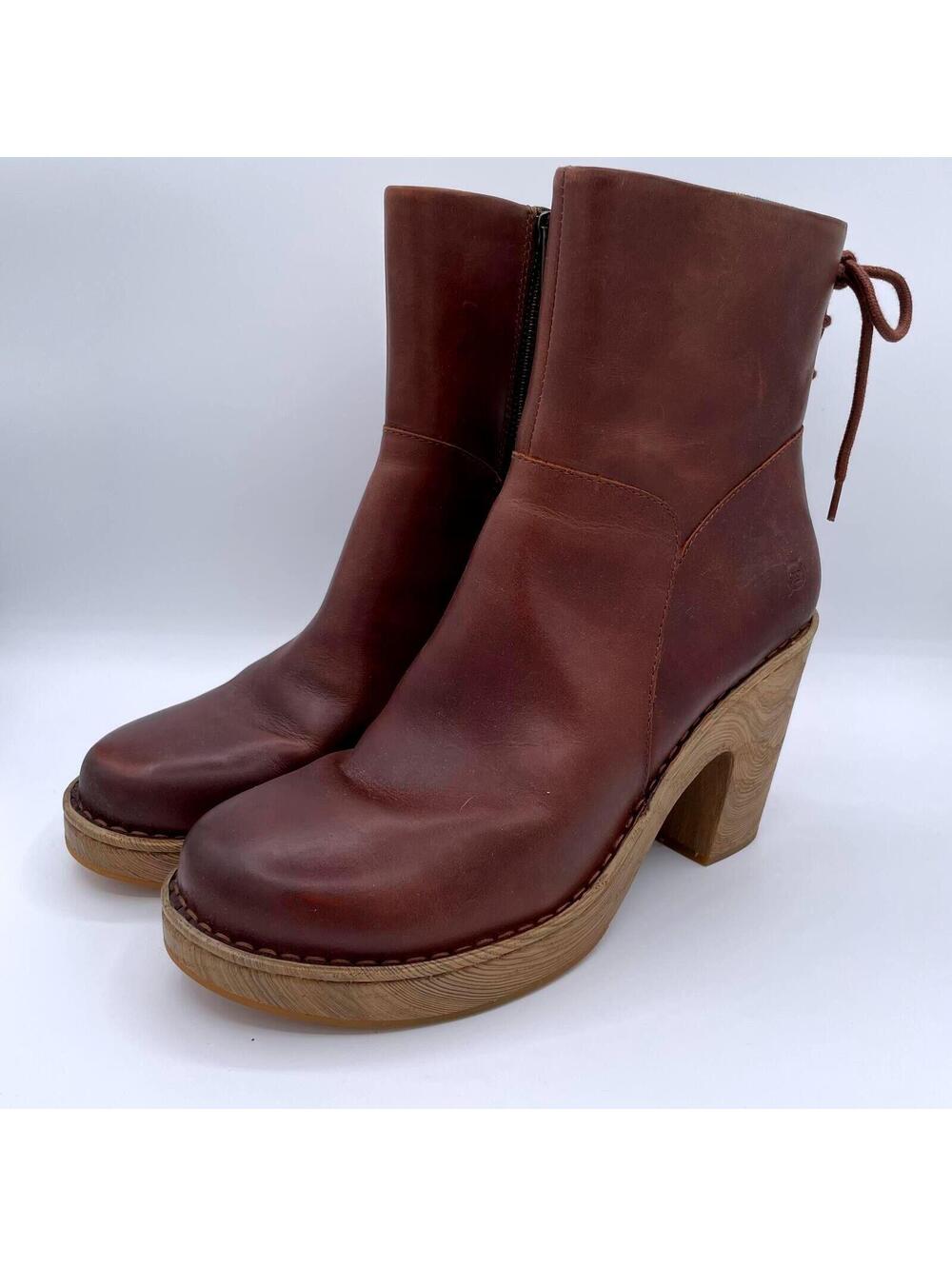 Born Brown Leather Platform Heel Ankle Boots Side Zip Heel SZ 11